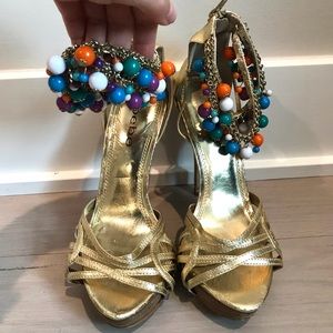 Unique Gold Bebe Heels w/ Beaded Ankle Strap - 6